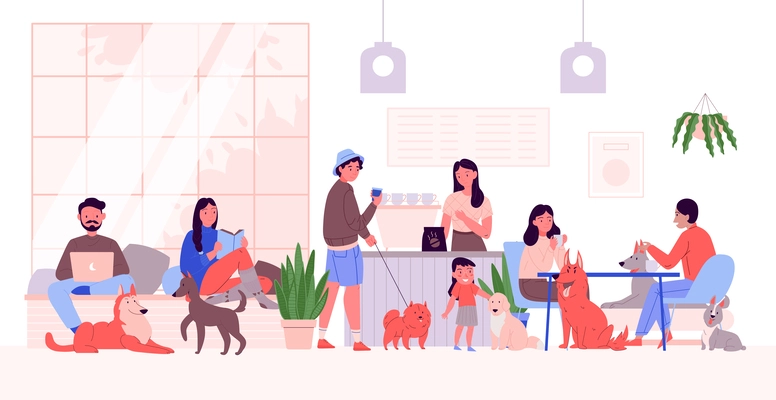 Pets dogs cafe composition with indoor view of cafeteria with doodle human characters with their puppies vector illustration