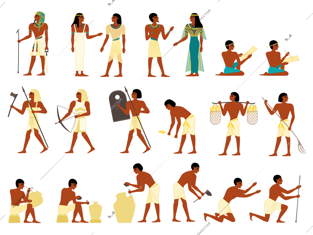 Ancient egypt society set with isolated characters of pharaoh slaves and priests with instruments of labor vector illustration