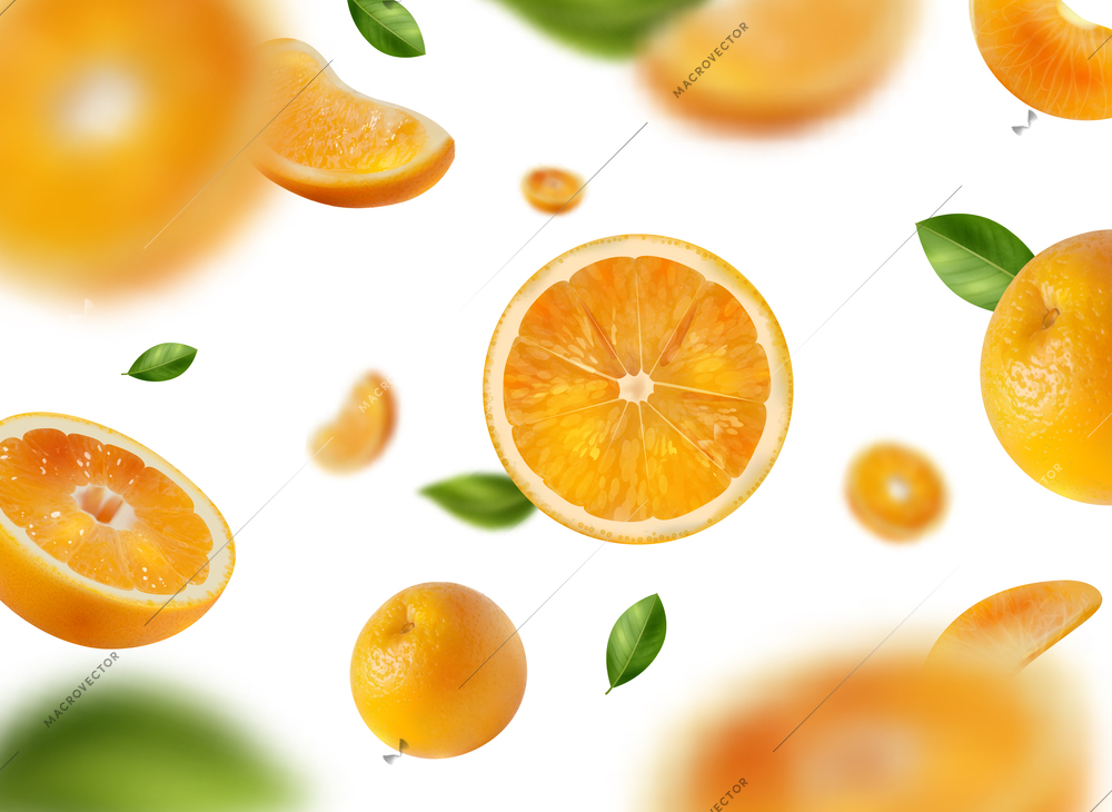 Realistic white background with whole sliced and cut oranges with green leaves and blurred elements vector illustration