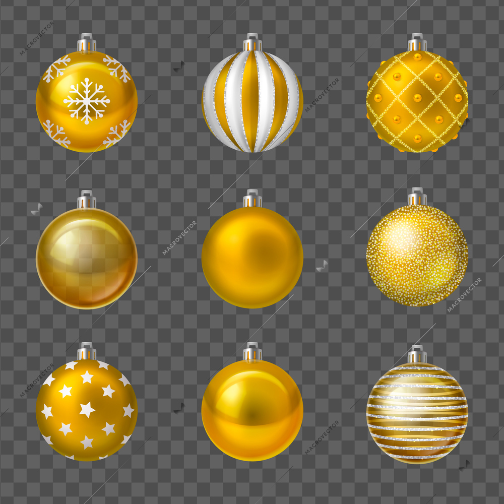 Golden christmas balls new year tree decorations realistic set isolated on transparent background vector illustration