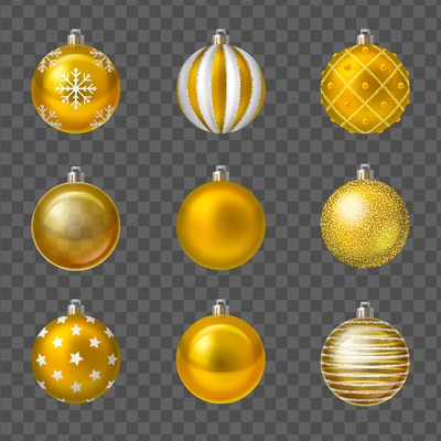 Golden christmas balls new year tree decorations realistic set isolated on transparent background vector illustration