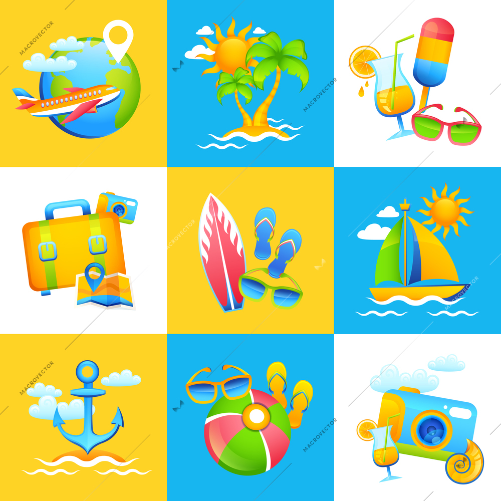 Summer vacation design concept set with plane suitcase ice cream decorative icons isolated vector illustration
