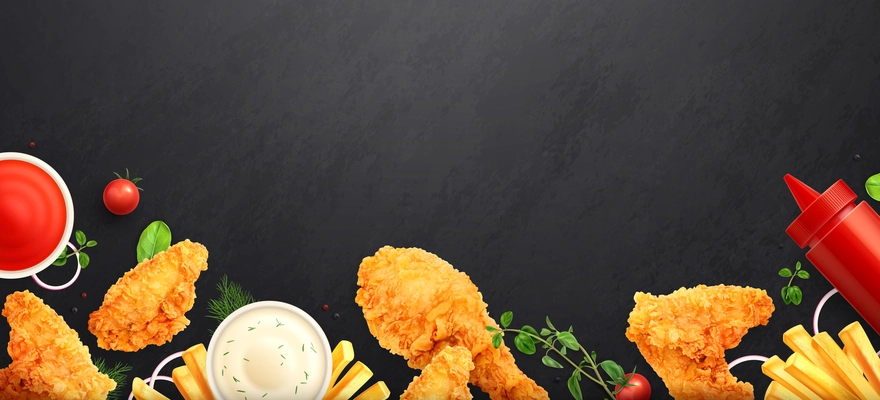 Chicken fast food realistic background composition with empty chalkboard and top view of meals with sauces vector illustration