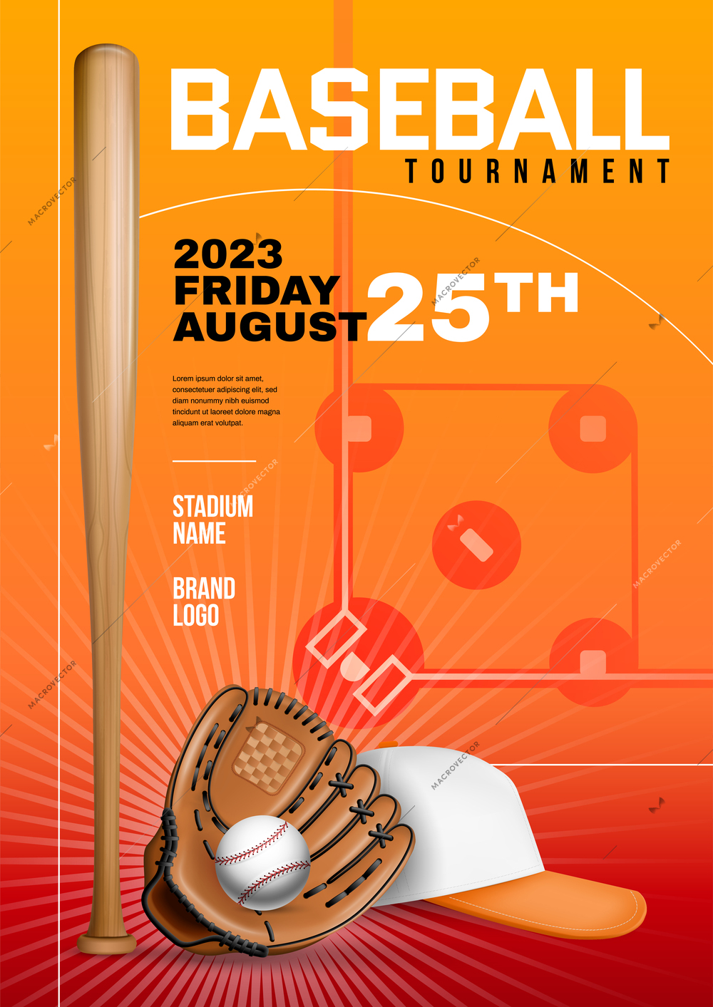 Baseball tournament flyer poster design with bat glove and ball on orange and red background realistic vector illustration