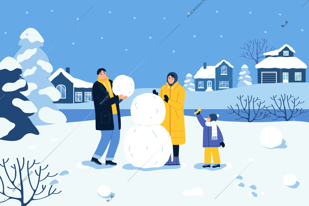 Happy family spending winter holiday together making big snowman in yard flat vector illustration