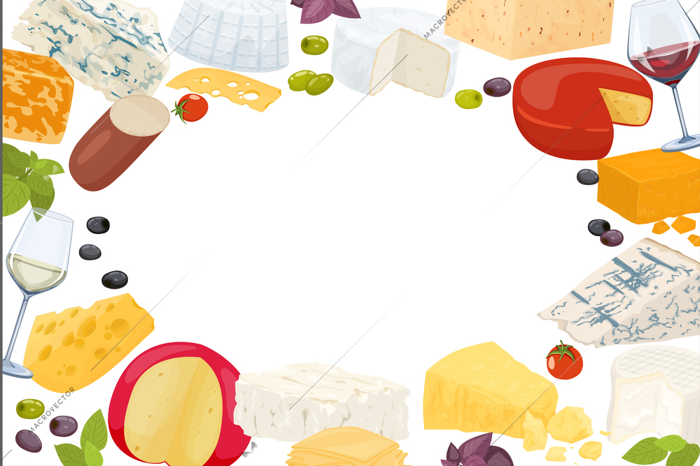 Cheese flat composition or frame whole heads of cheese and sliced wine olives and tomatoes vector illustration