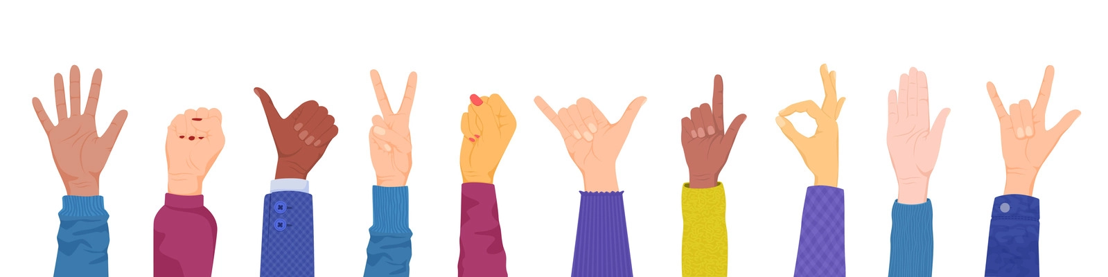 Hands gestures flat composition set thumbs up clenched fist peace sign thumbs up okay rocker gesture vector illustration