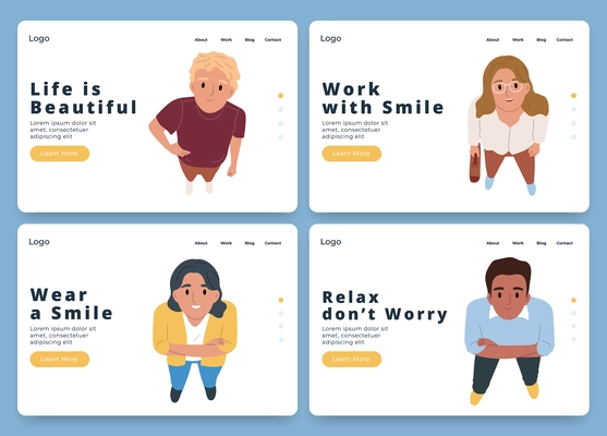 Flat horizontal web site banners set with inspirational words and top view of happy people looking up isolated vector illustration