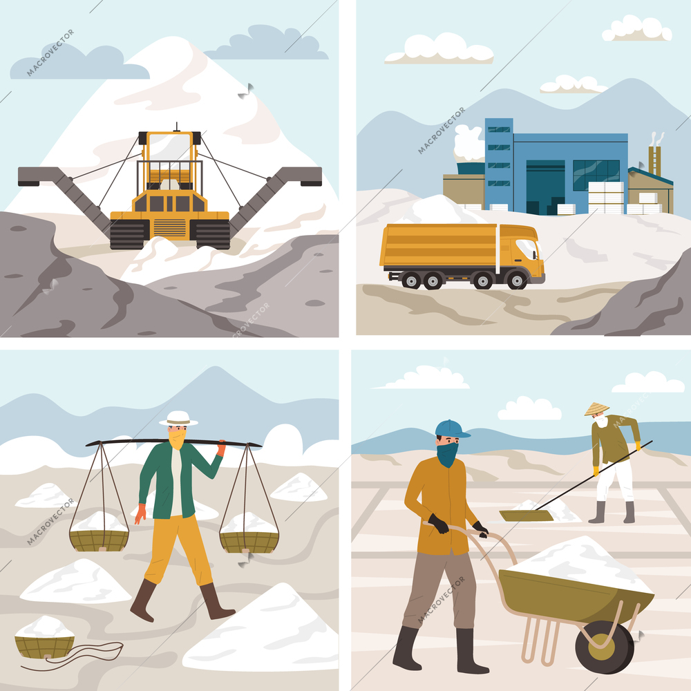 Salt production harvesting and collecting 2x2 flat set with machinery and people isolated vector illustration