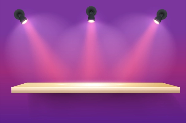 Empty shelf on purple wall illuminated by three spotlights realistic vector illustration