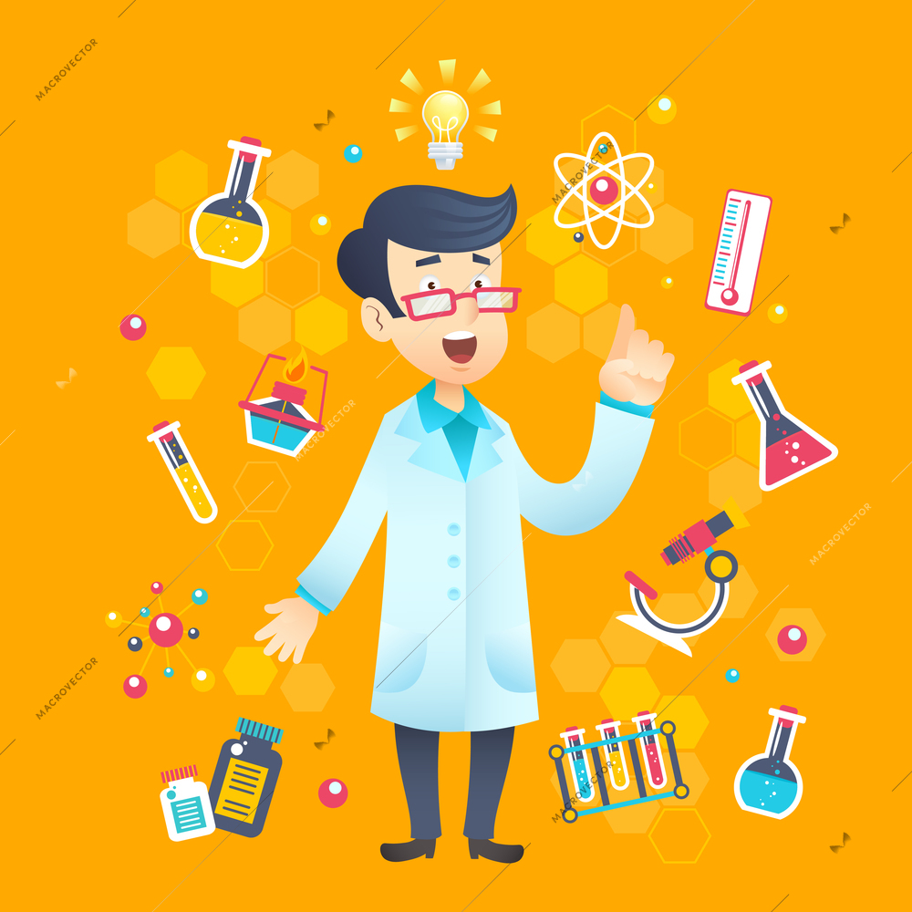 Chemist scientist character with scientific and education test equipment vector illustration