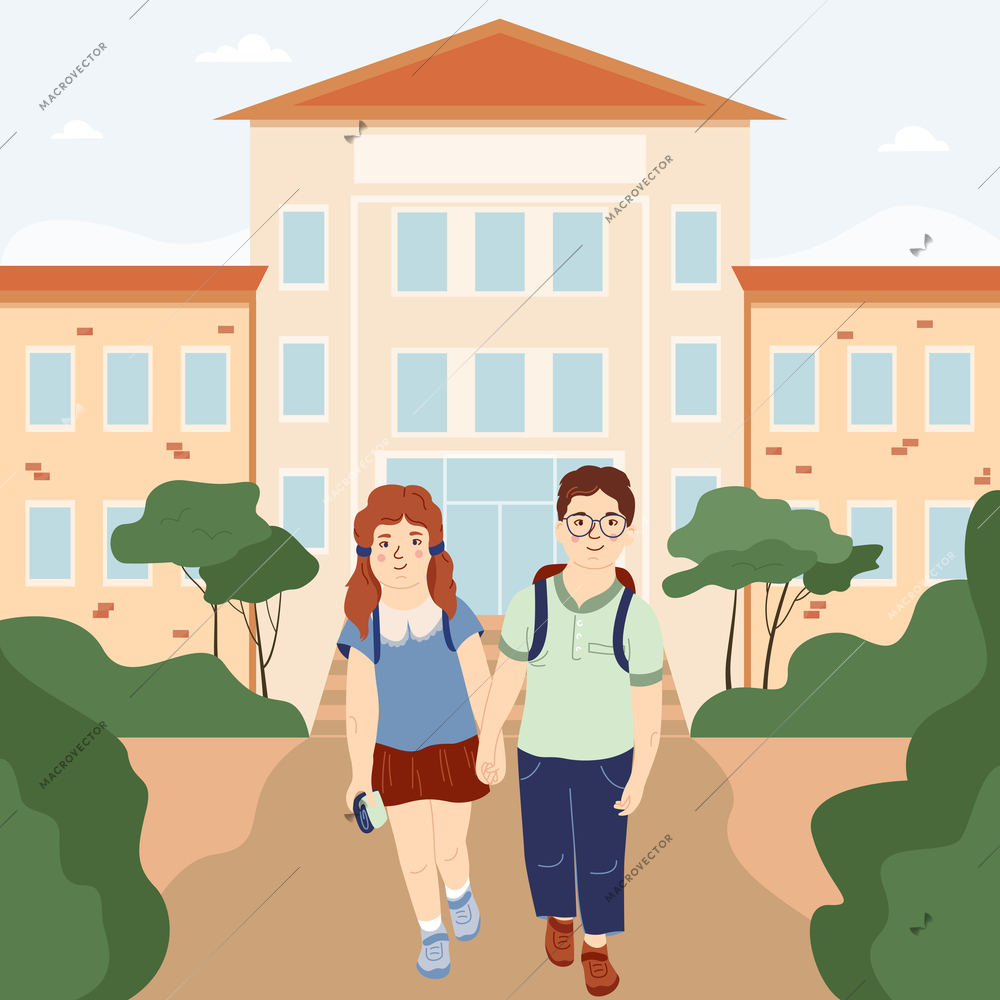 Child daily routine flat background with girl and boy characters with satchels going home after school lessons vector illustration