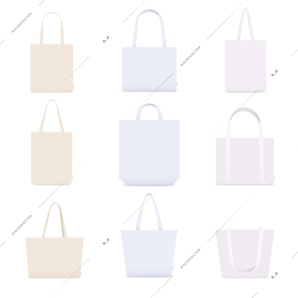 Tote fabric bag mockup realistic set with light blue purple and yellow cloth bags various positions vector illustration