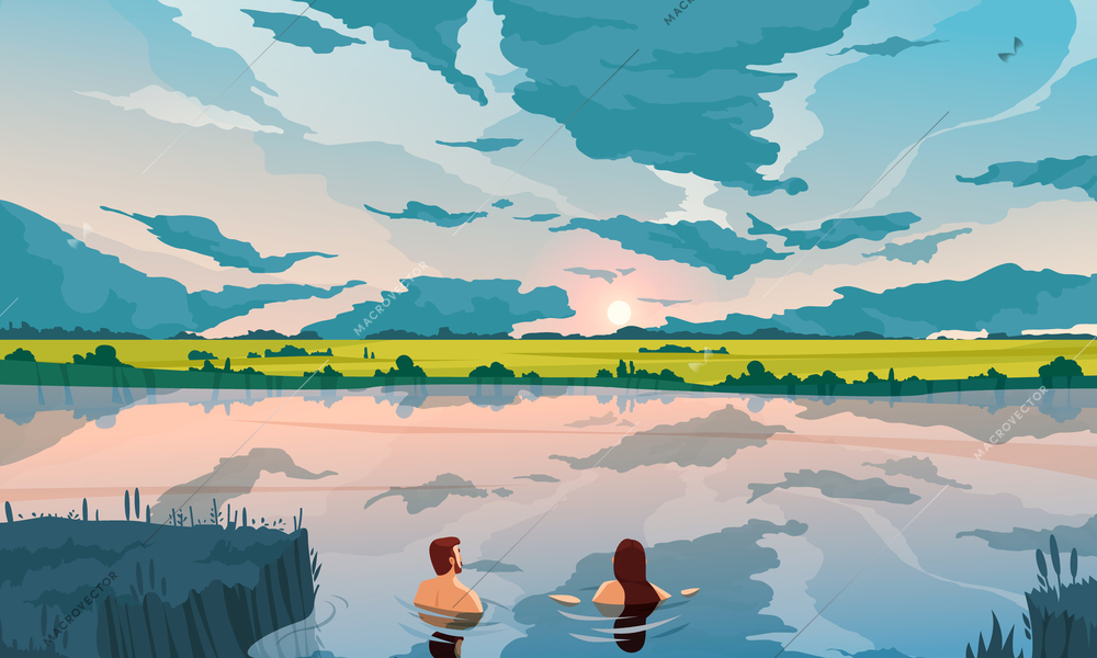 Sky background with people swimming in river symbols flat vector illustration