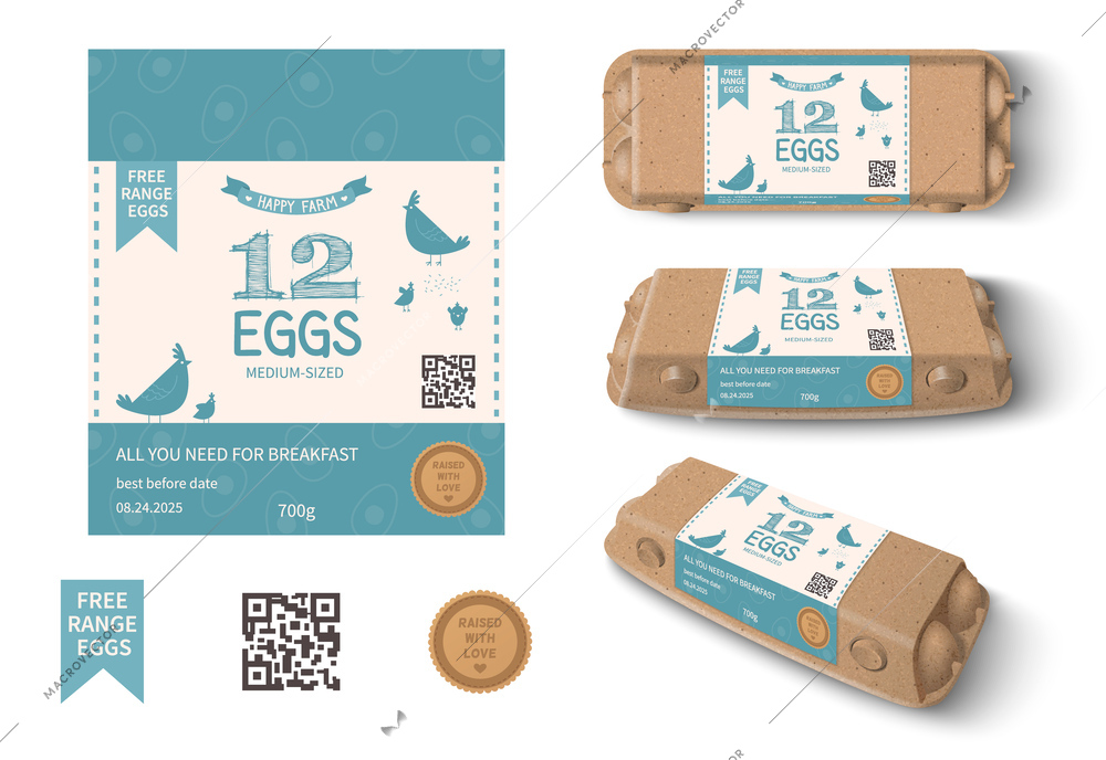 Chicken eggs package realistic mockup from different angles and color label design template isolated vector illustration