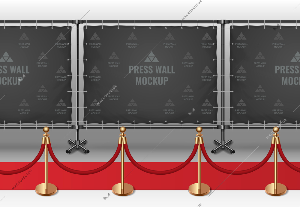 Realistic blank black press wall mockup along red carpet vector illustration