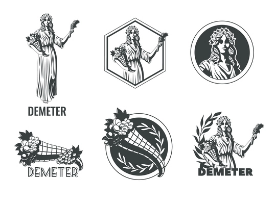 Demeter ancient greek olympian goddess flat black and white emblems set isolated vector illustration