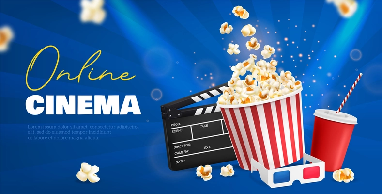 Realistic cinema poster with popcorn bucket drink cup and 3d glasses vector illustration