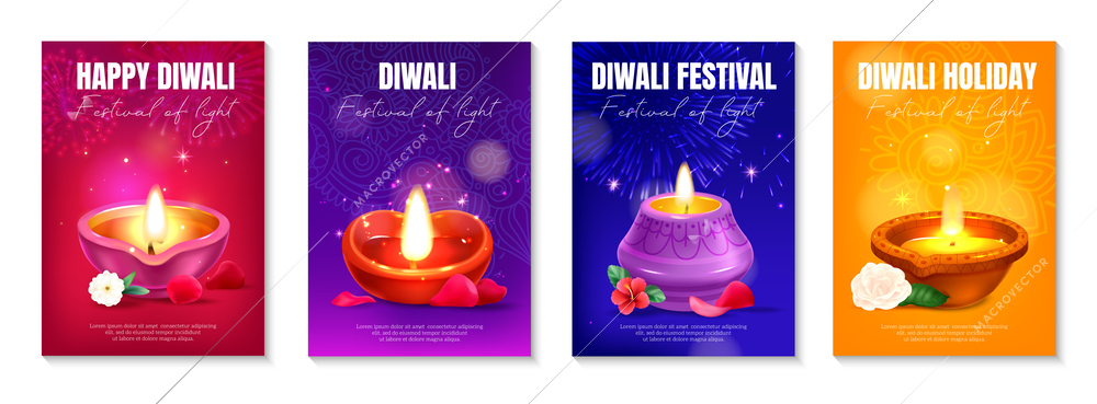 Realistic diwali poster set with traditional holiday lamps isolated vector illustration