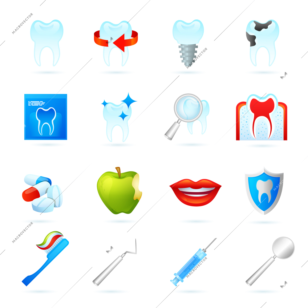 Dental icons set with dentistry surgeon tools cracked tooth and pills isolated vector illustration