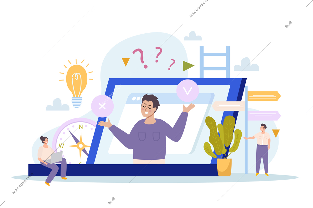 Future career search flat background with young people choosing job using modern internet technologies vector illustration