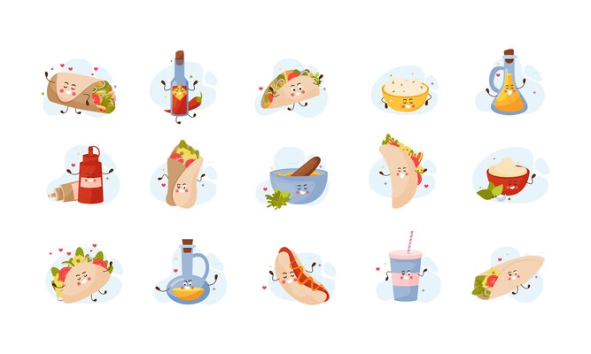 Taco cartoon set of isolated flat icon with traditional ethnic dishes condiments and drinking vector illustration