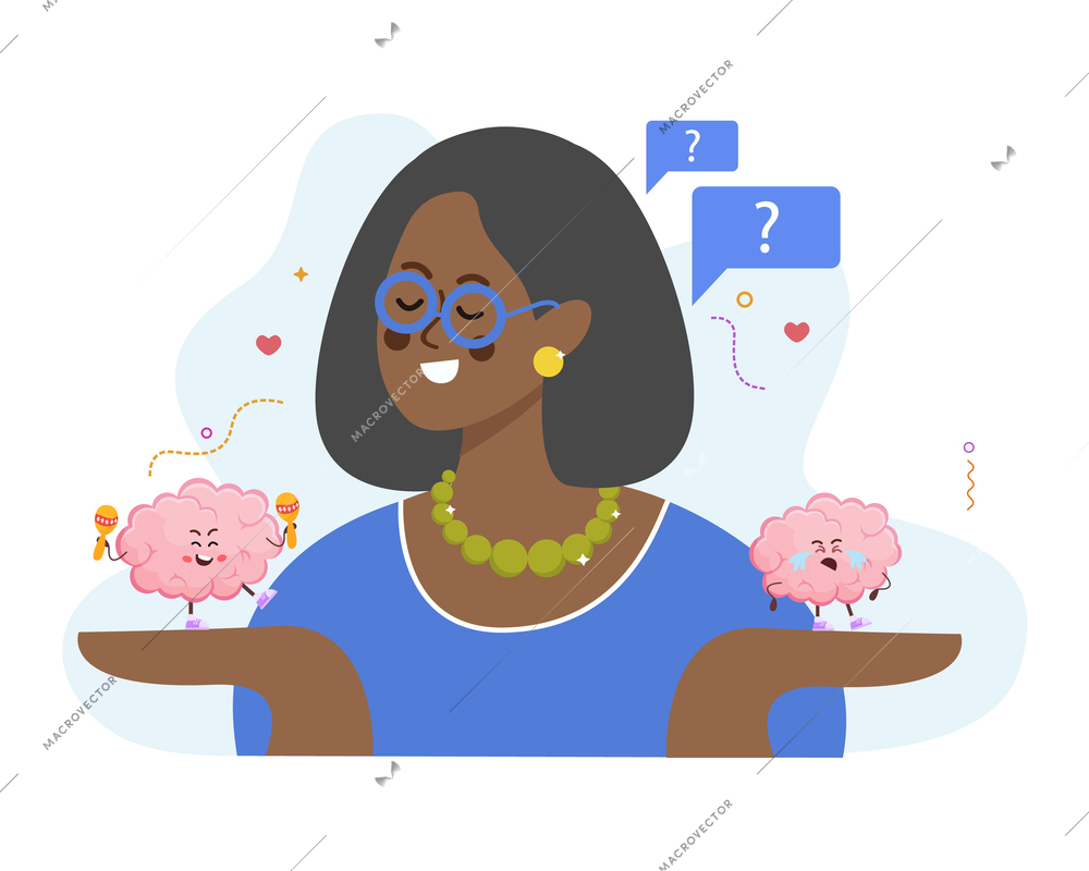 Psychological flat background with black woman holding happy and crying cartoon brain characters on her palms vector illustration