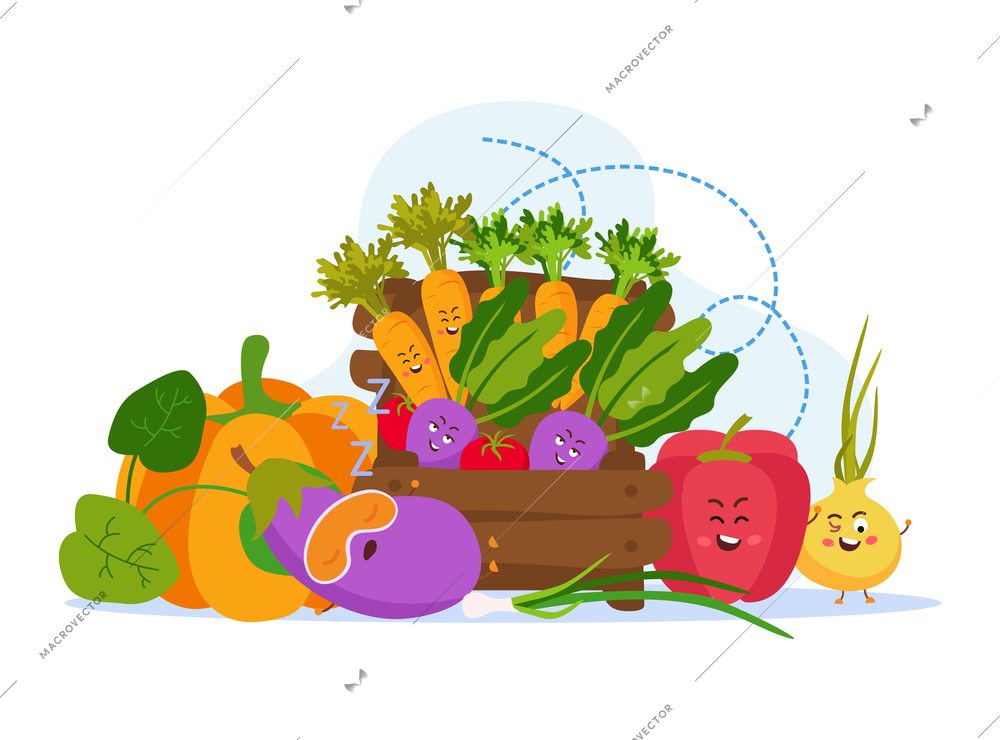 Vegetables flat organic composition consisting from laughing cartoon characters of bulb onion carrot tomato pumpkin pepper vector illustration