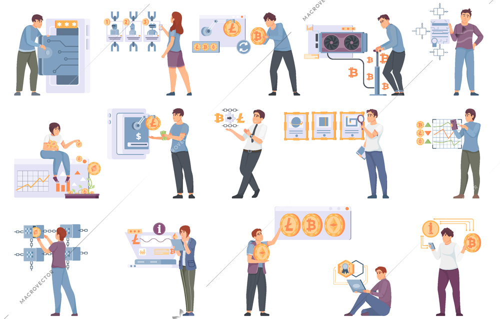 Crypto platform icons set with mining symbols flat isolated vector illustration