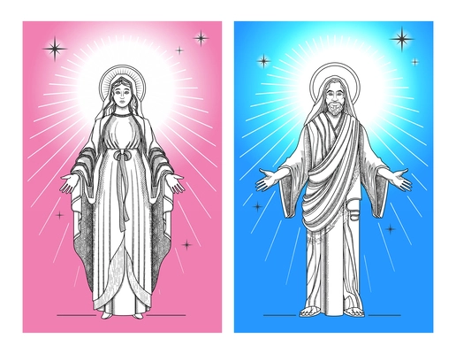 Jesus virgin mary set of two vertical posters with shining saints monochrome outline images with crosses vector illustration