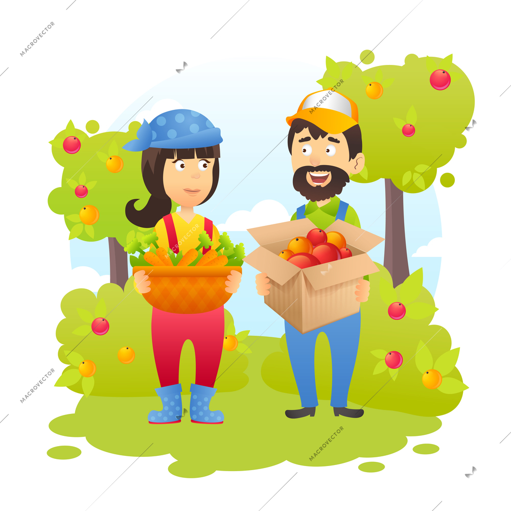 Male and female farmers in garden with harvest of carrots and apples and trees on background vector illustration