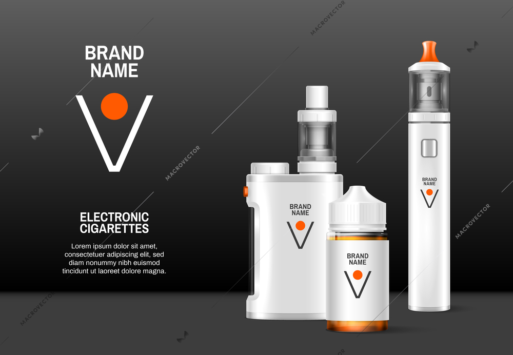 Realistic vape background with set of branded electronic cigarettes vaping devices with editable text and logo vector illustration