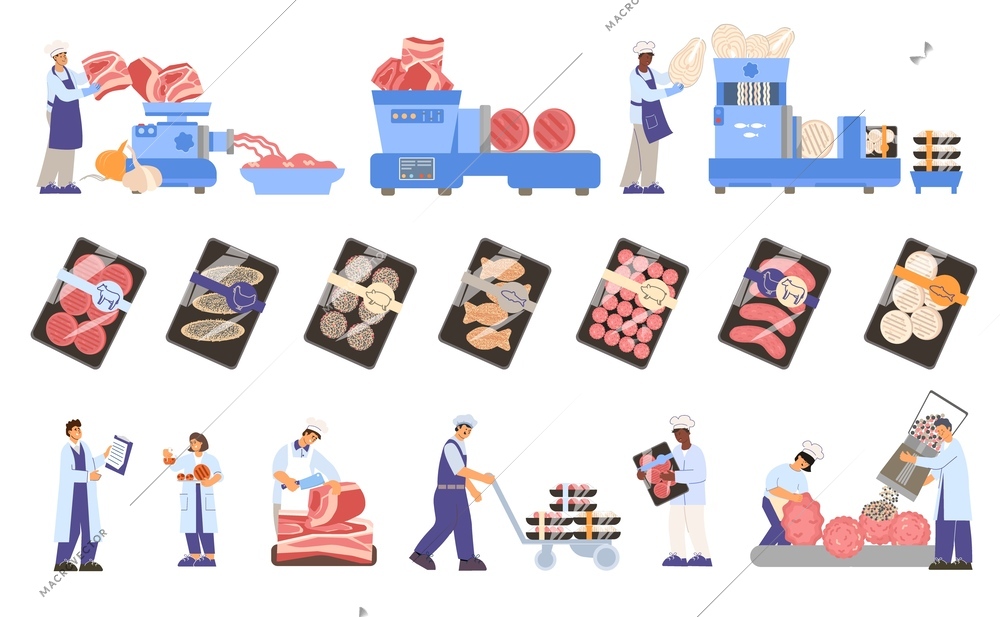 Semi finished products flat set with isolated images of industrial machines cooks characters and packaged food vector illustration