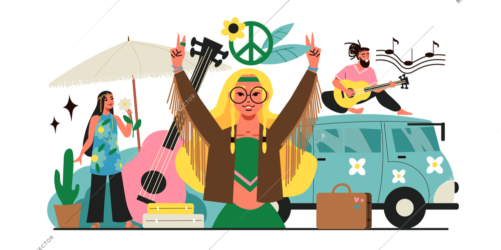 Hippie flat composition with happy people music and peace symbols vector illustration