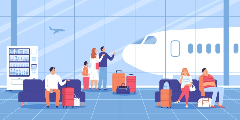 People with luggage waiting and looking at planes at airport departure lounge flat vector illustration