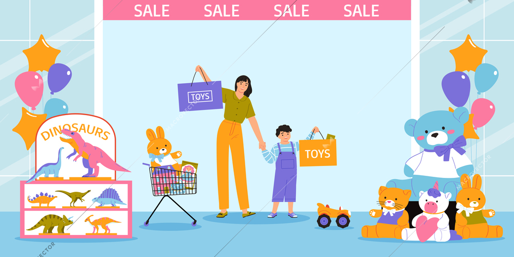 Toys shop sale flat background with stuffed animals dinosaurs and happy mother with son making purchases vector illustration