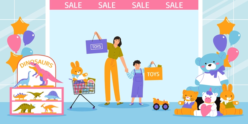 Toys shop sale flat background with stuffed animals dinosaurs and happy mother with son making purchases vector illustration