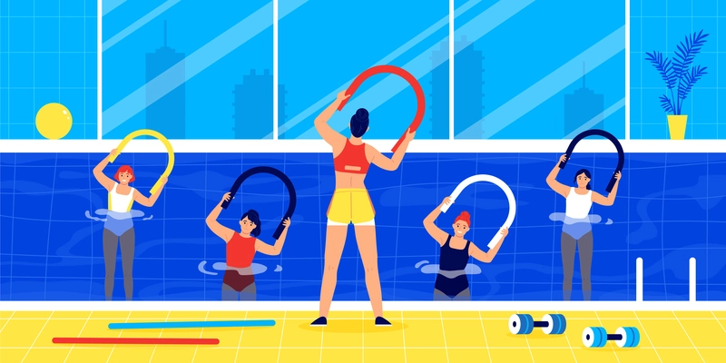 Happy women during water aerobics class in swimming pool with coach flat vector illustration