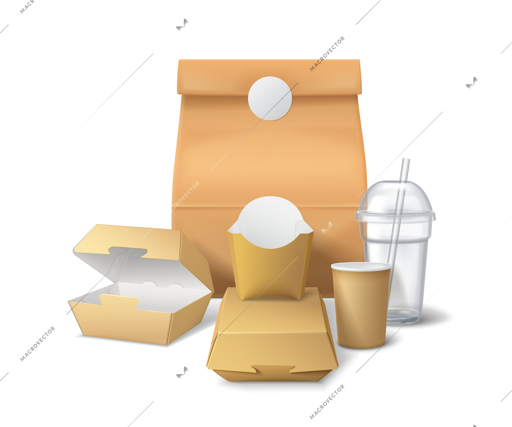 Burger box mockup composition with empty paper cups boxes and paper bag from fast food restaurant vector illustration