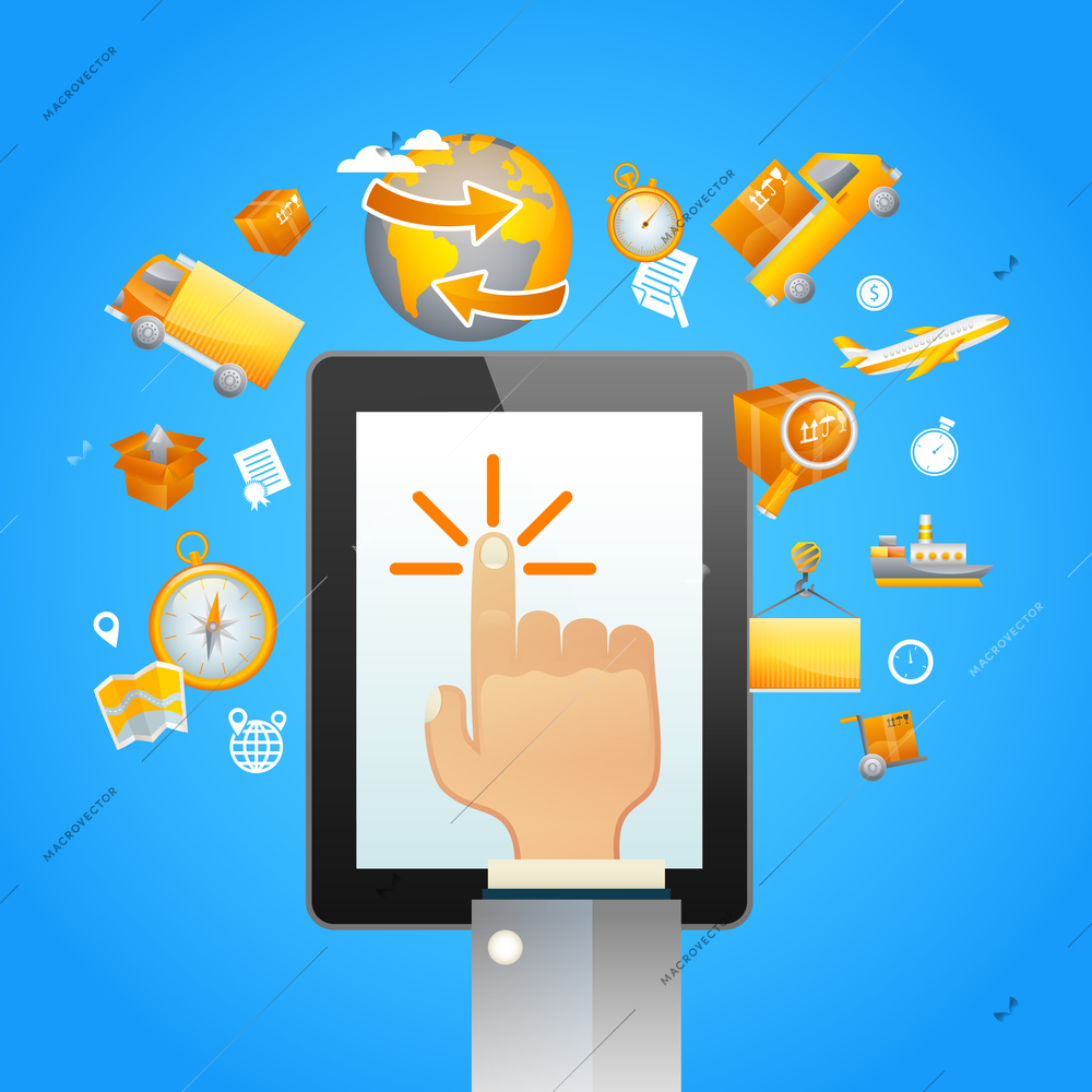 Logistic network concept with human hand touch pad and transportation icons vector illustration