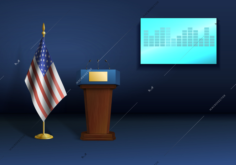 Elections voting realistic composition with indoor stage view american flag screen and tribune for public speech vector illustration