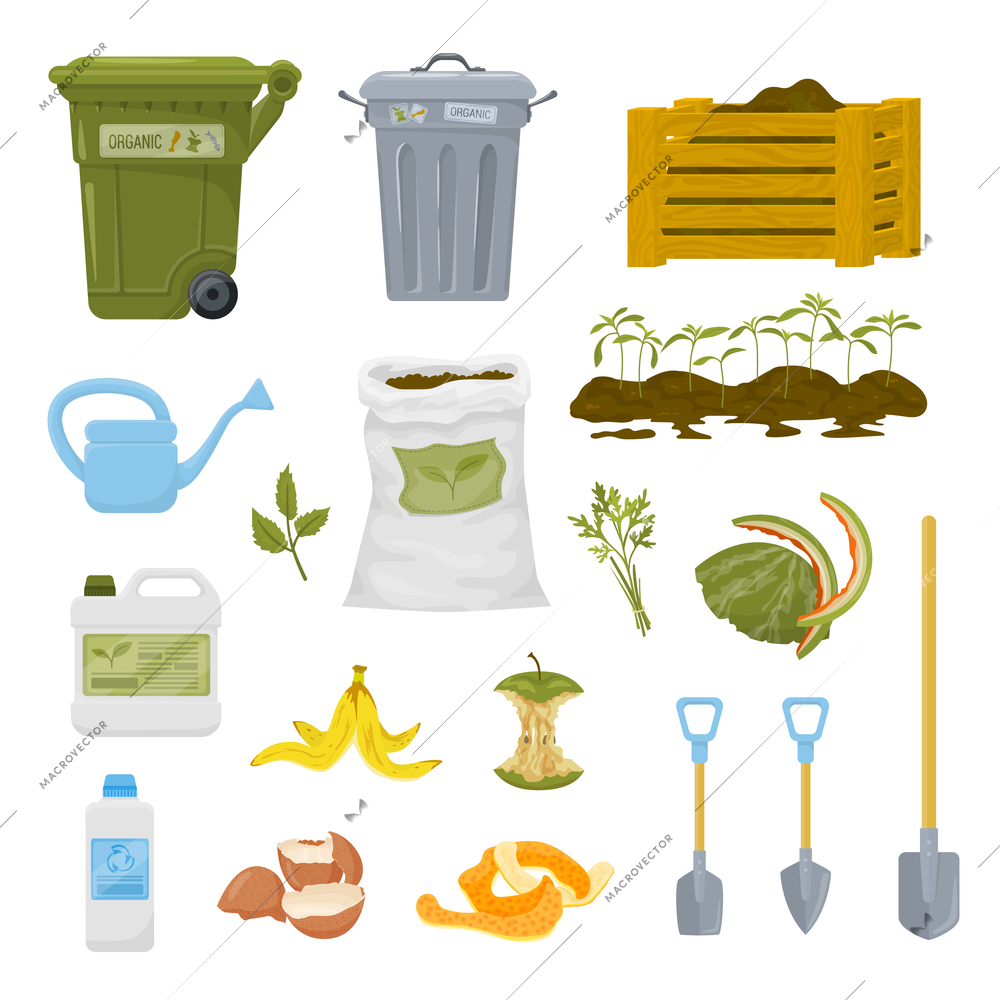 Compost composting flat icon set trash can compost pile watering can fertilizer shovels sprouts vector illustration