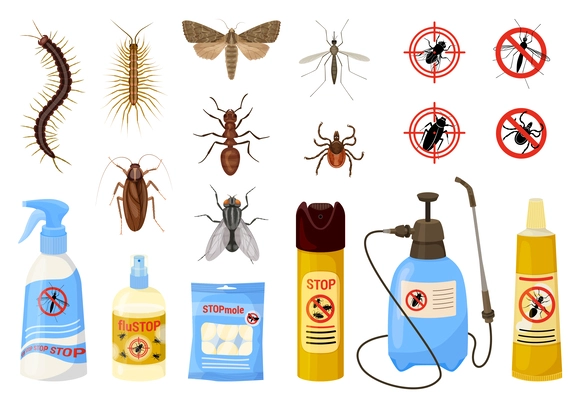 Harmful insects cartoon big colored icon set insect pests and pest killers in bottles and cans vector illustration