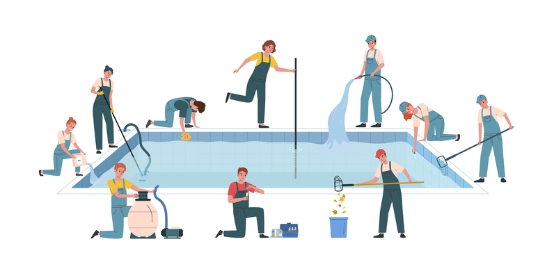 Team of professional maintenance service workers cleaning and repairing swimming pool flat composition vector illustration