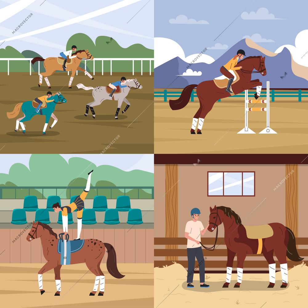 Horse sport flat 2x2 set with people looking after animal and practising equestrianism isolated vector illustration