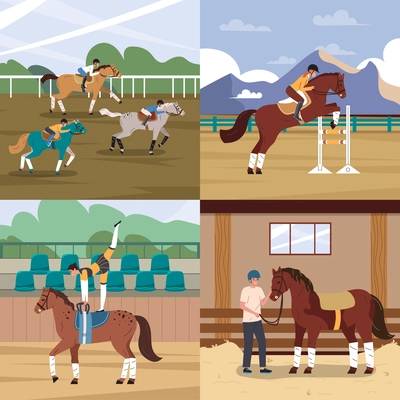 Horse sport flat 2x2 set with people looking after animal and practising equestrianism isolated vector illustration