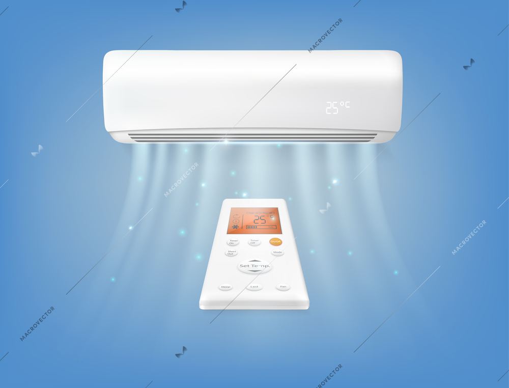 Air conditioner blowing cold air with remote realistic composition on blue background vector illustration