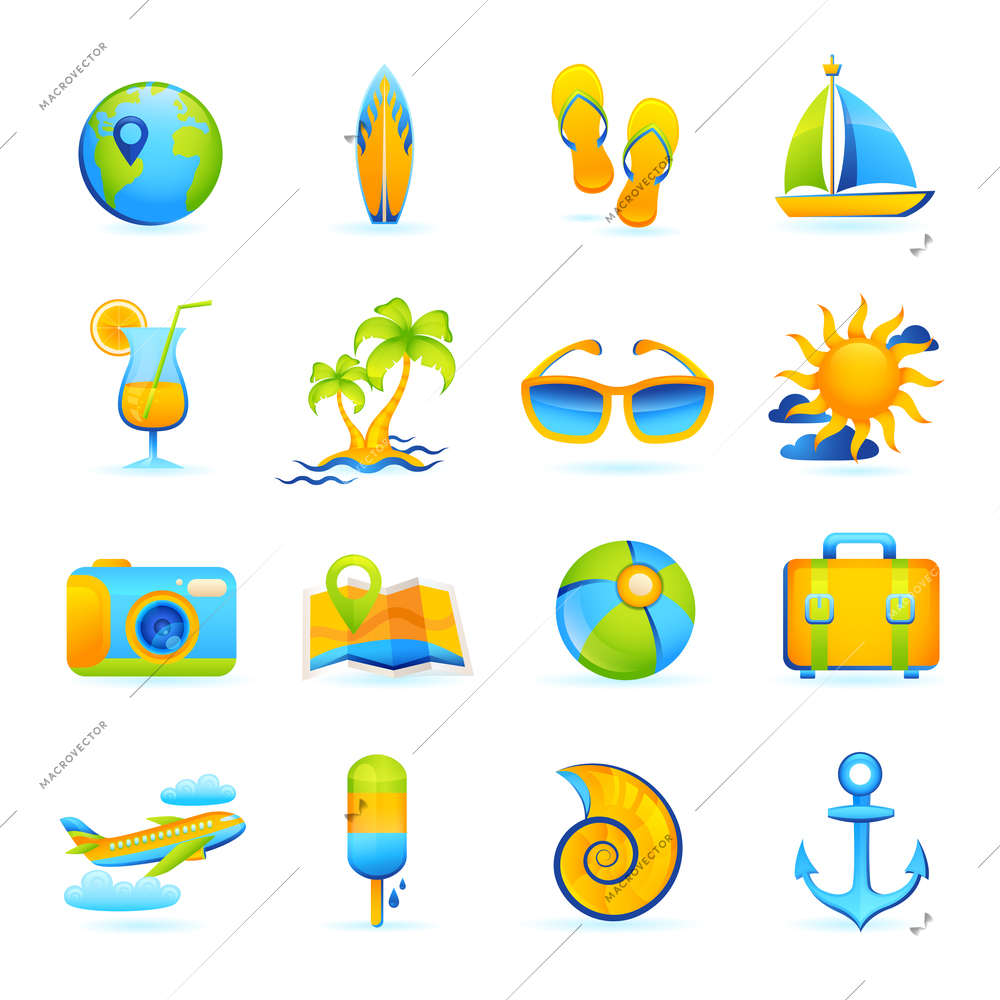Summer vacation beach holidays icons set with cocktail palm glasses camera isolated vector illustration