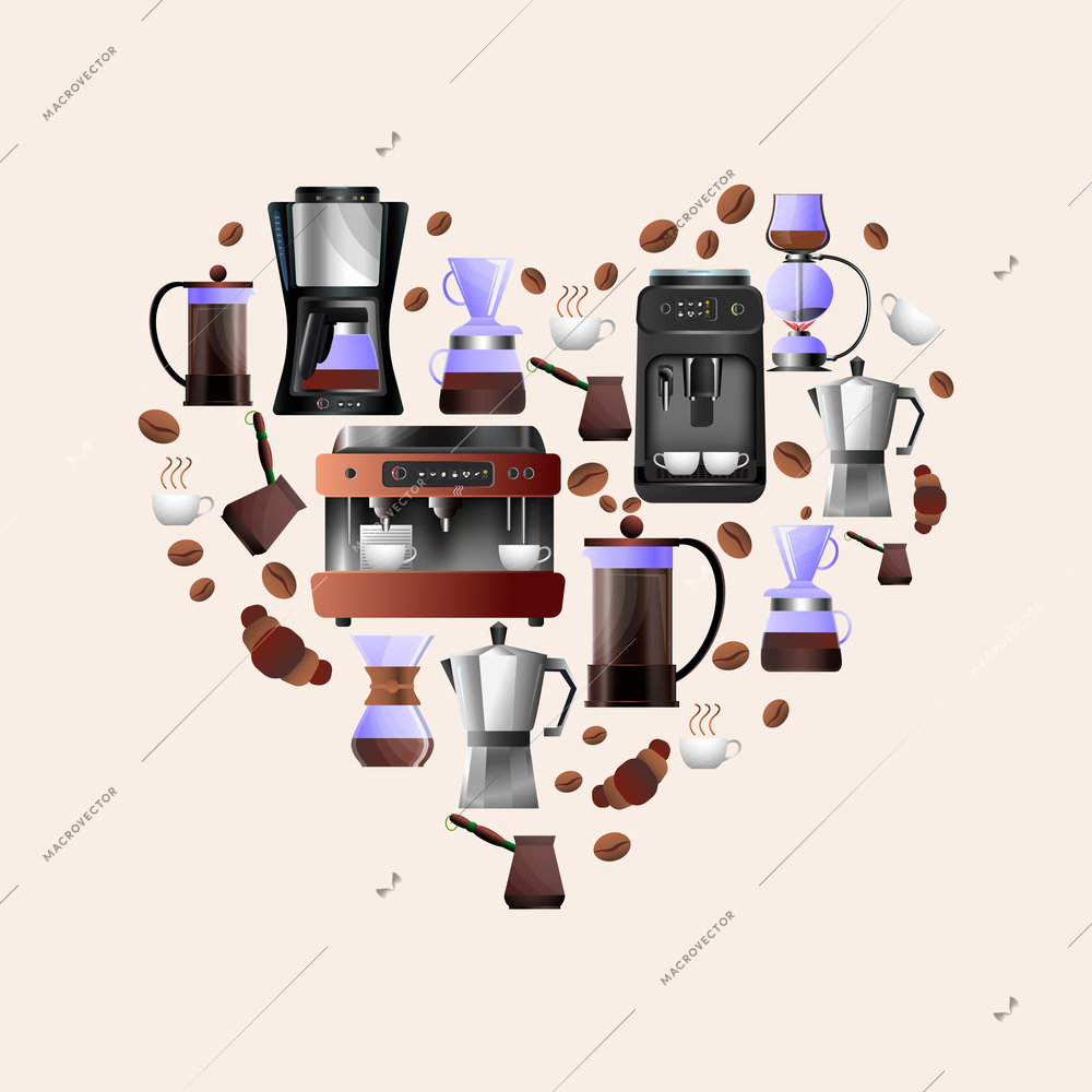 Flat composition in shape of heart with various coffee equipment beans cups and desserts on color background vector illustration