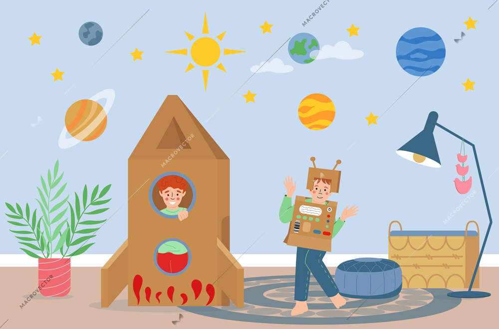 Kids cardboard toys flat poster with carton rocket and robot vector illustration